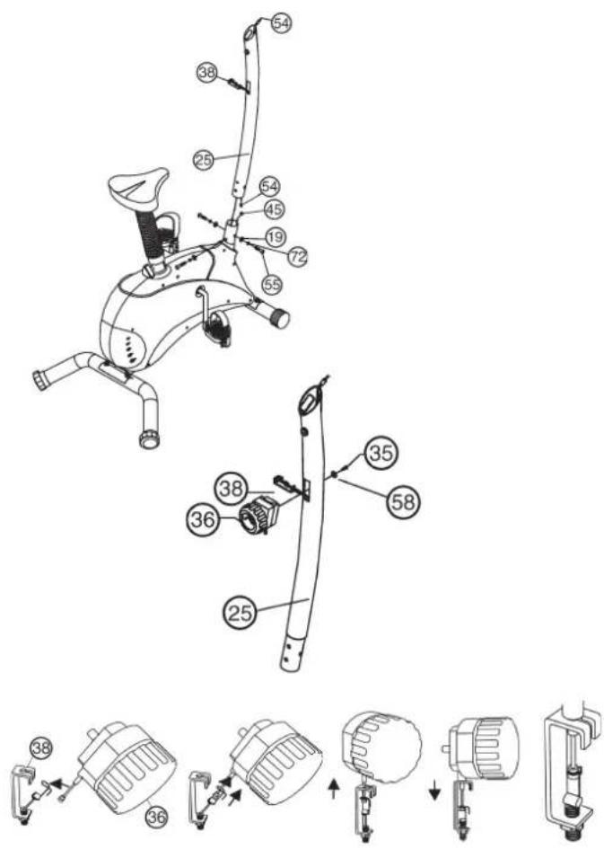 Christopeit CPS 2 - STAP 5: Verbinding van de computerkabels incl. sensor (45) met de computerkabel (54), verbinding van de Bowdenkabel van de weerstandinstelling (38) met de Bowdenkabel (36) en montage van de stuurbuis (56) op het basisframe (1) met behulp van de inbusboute M8x15 (55), de:tussenringen 8//20 (19) en de veerringen voor M8 (72). - 1