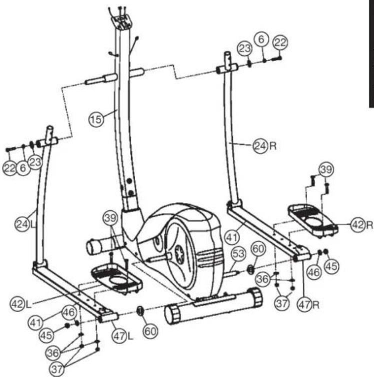 Christopeit AM 6 - Step 3: Installation of the pedal supports (41), connecting tubes (24) and pedals (42). - 1