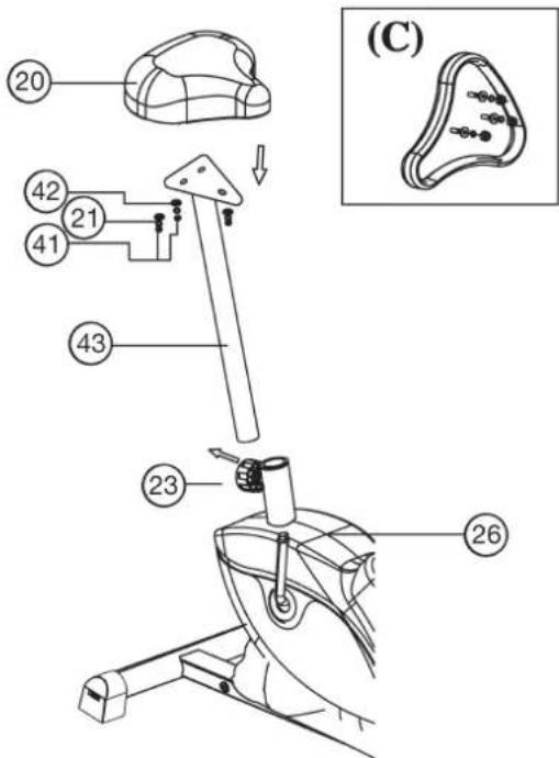 Christopeit AP 1 - Step 5: Installation of the saddle (20) on the saddle support (43) and of the saddle support (43) on the main frame (26). - 1