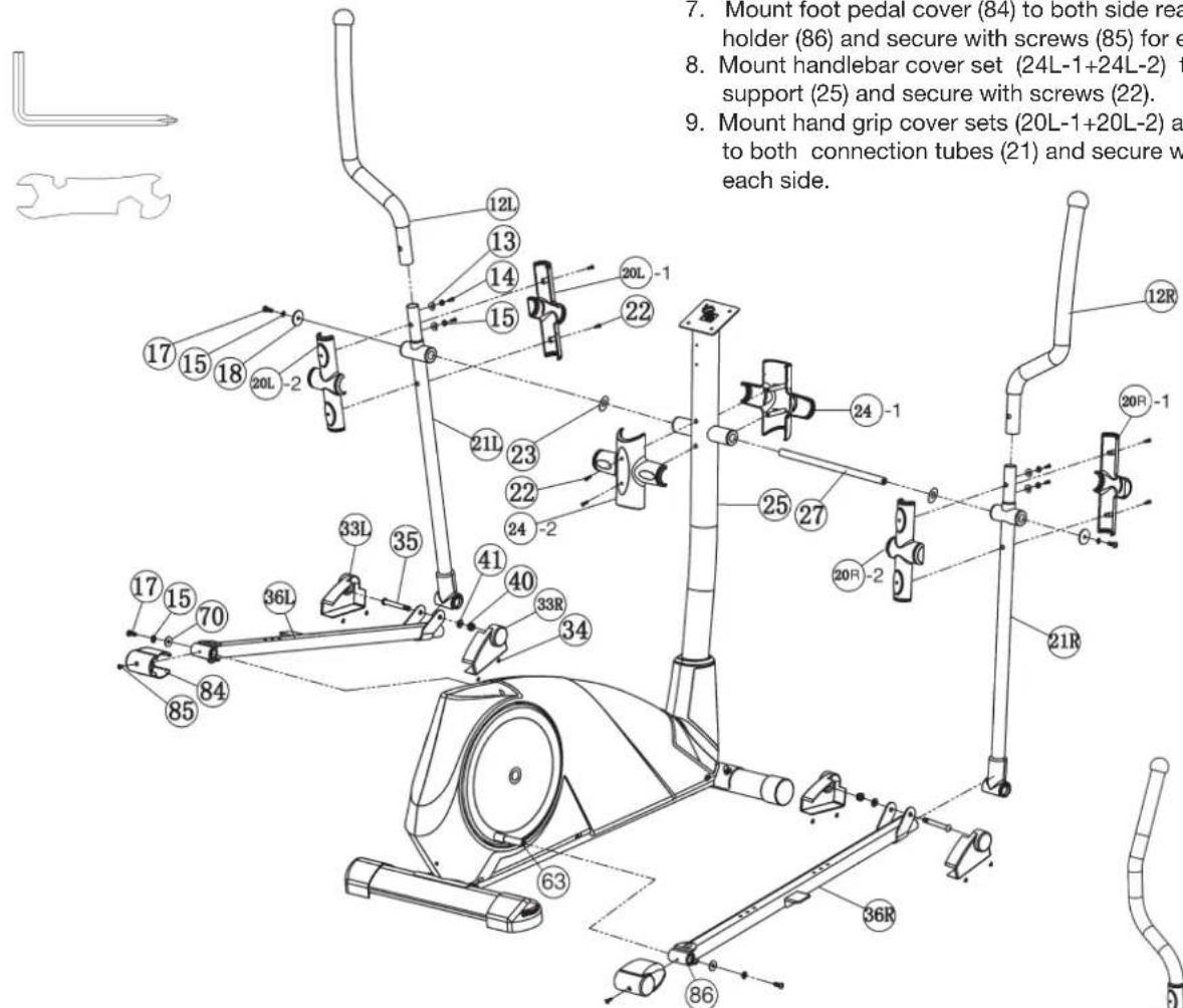 Christopeit CX 4 - Step 4: Installation of the footrest holder (28) with connecting tubes (21) to the pedal crank (63) and the support (25). - 1