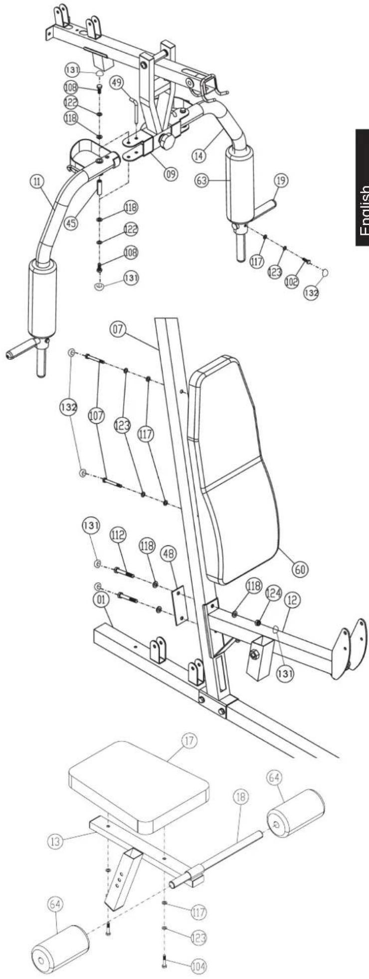 Christopeit Profi Center XL - Step 9: Installation of seat pad (17) and round pad holder (18) at seat support frame (13). - 1