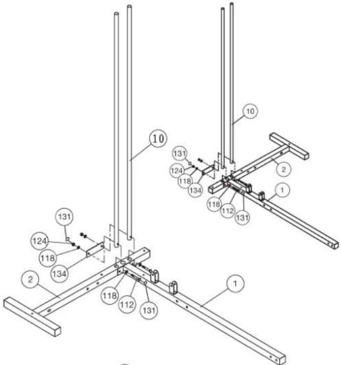 Christopeit Profi Center XL - Step 3: Installation of supports 1 + 2(4 + 7) at front foot and rear foot (1 + 2) . - 1