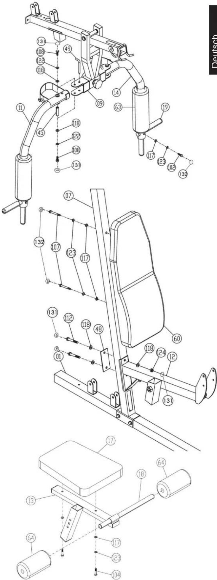 Christopeit Profi Center XL - SCHRITT 9: Montage des Sitzpolsters (17) und der Rundposteraufnahme (18) am Sitzrahmen (13). - 1