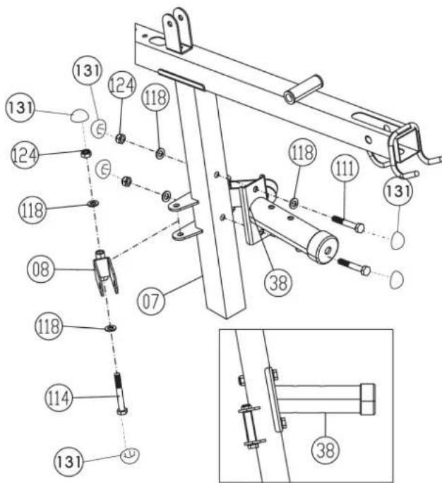 Christopeit Profi Center XL - Étape 5: L'installation de l'appui de pression de mise hors jeu(38) et le support de poulie de cable 1 (8) à l'appui 2 (7). - 1
