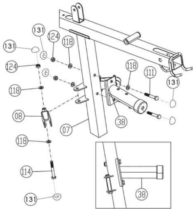 Christopeit Profi Center de Luxe - Step 5: Installation of bench press support (38) and cable pulley holder 1 (8) at support 2 (7). - 1