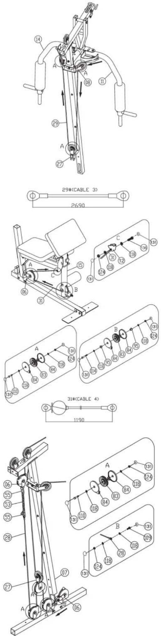 Christopeit Profi Center de Luxe - Step 17: Installation of cable 2 (28) with cable pulley units. - 1
