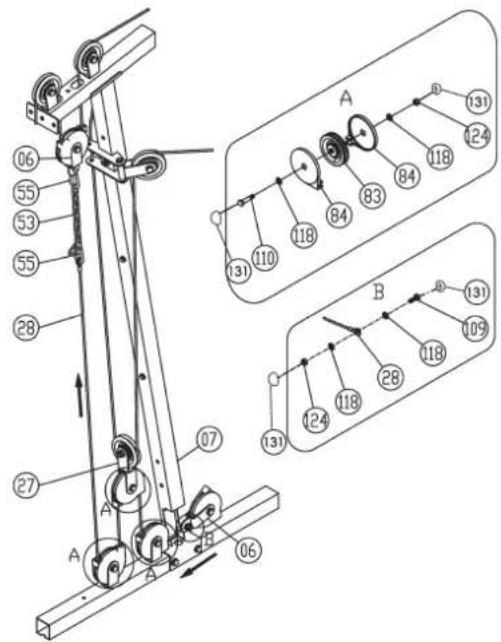 Christopeit Profi Center de Luxe - Stap 18: Installatie van de gewichtsbehuzing ondersteuning(42) en buigplaat (43). - 2