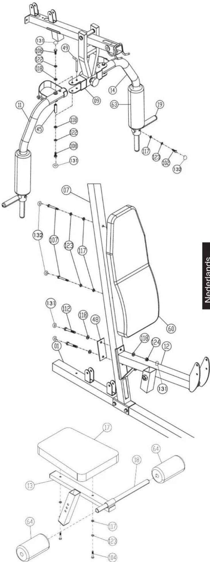 Christopeit Profi Center de Luxe - Stap 9: Installatie van het zitvlak (17) en de Ronde vulling houder (18) op het zit ondersteuningsframe (13). - 1