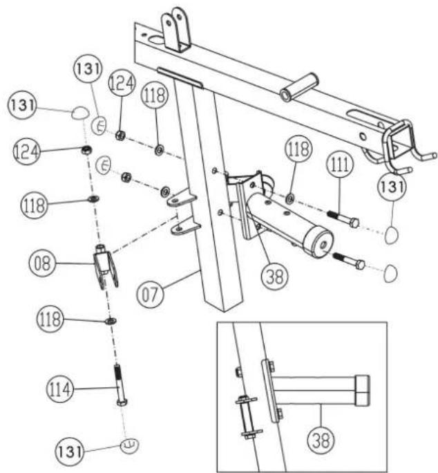 Christopeit Profi Center de Luxe - Stap 5: Installatie van de bankdruk ondersteuning (38) en kabel rolhouser (8) aan de ondersteuning 2 (7). - 1