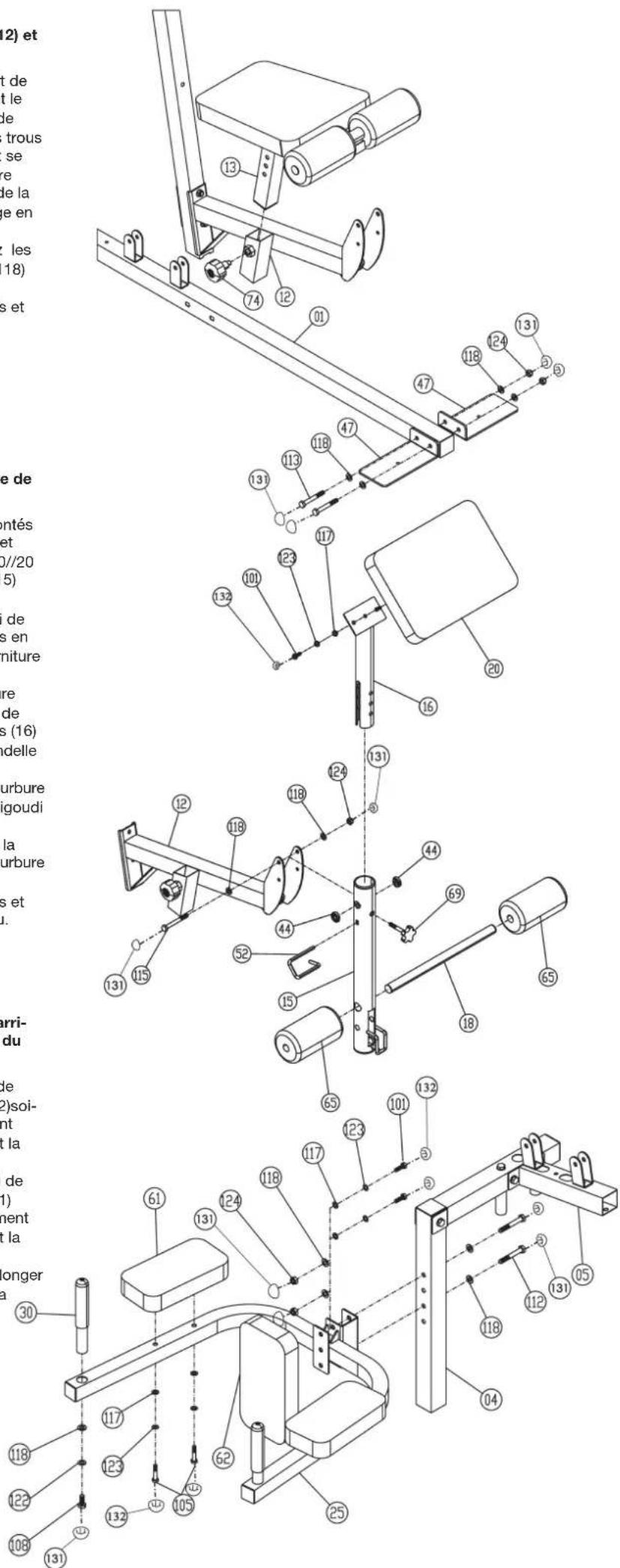 Christopeit Profi Center de Luxe - Étape 12: L'installation de la garniture d'avant-bras (61), la petite garniture arrête (62) et la poignée 2 (30) au niveau de la barre de plonger (25) et du support 1 (4). - 1