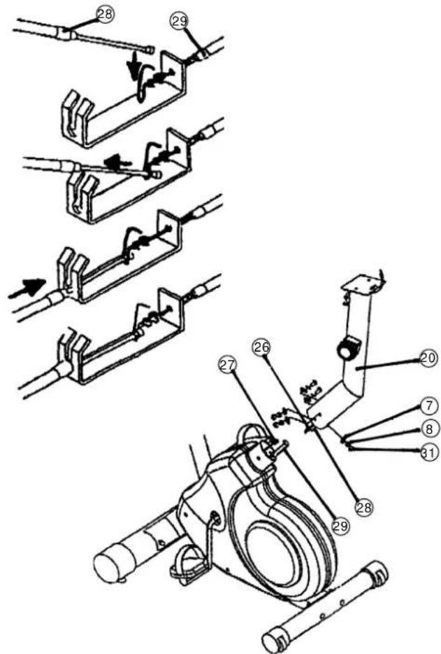 Christopeit LS 5 - Schnitt 4: Verbindung des Computerkabelstrang incl. Sensor (27) mit dem Computerkabelstrang (26), Verbindung des Seilzug der Widerstandseinstellung (28) mit dem Seilzug (29) und Montage des Lenkerstutzrohr (20) am Grundrahmen (1) mittels der Rundkopfschrauben mit Innensechskant M8x20 (31), der Unterlegscheiben 8//20 (7) und der Federringe für M8 (8). - 1