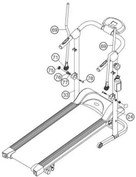 Christopeit WALKER de Luxe - Etape n° 7: montage de poignée de maintien (69) sur les tubes de support (24+33) à l'aide des vis (78), rondelle (77) et écrou autobloquant (76). - 1