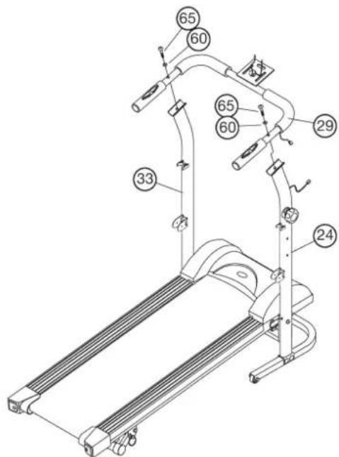 Christopeit WALKER de Luxe - Schritt 5: Montage des Handlaufes (29) an den Stützrohren links (33) und rechts (24) mittels der Schrauben M8x45 (65) und der gebogenen Unterlegscheiben 8//22 (60). - 1