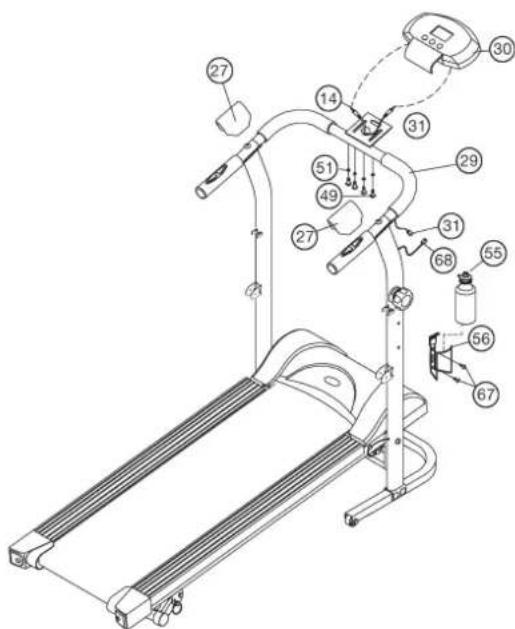 Christopeit WALKER de Luxe - Schritt 6: Montage des Computers (30) am Handlauf (29) und der Trinkfl aschenhalterung (56) am Stützrohr rechts (24). - 1