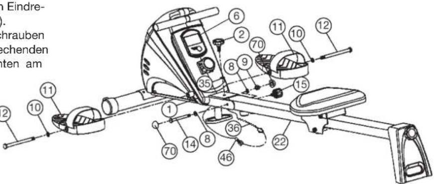 Christopeit Cardiff - Schritt 4: Montage des Sitzrahmens (22) und der Fußschalen (11) am Grundrahmen (1). - 1