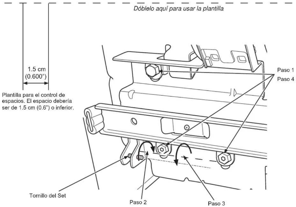 Dóblelo aquí para usar la plantilla 1.5 cm (0.600") Plantilla para el control de espacios. El espacio debería ser de 1.5 cm (0.6") o inferior. Tornillo del Set Paso 2 Paso 3 Paso 1 Paso 4