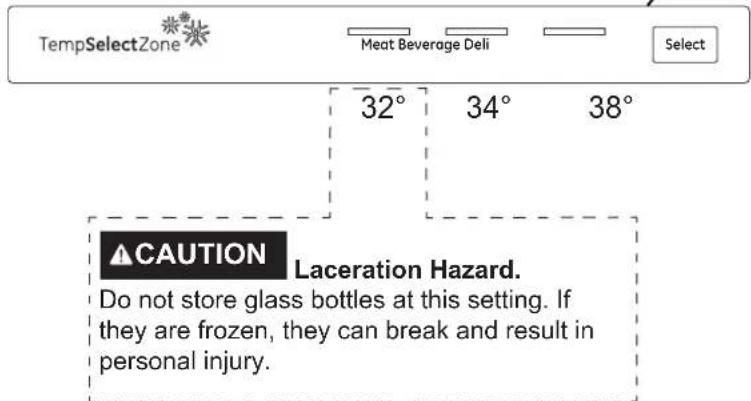 TempSelectZone Meat Beverage Deli Select 32° 34° 38° CAUTION Laceration Hazard. Do not store glass bottles at this setting. If they are frozen, they can break and result in personal injury.