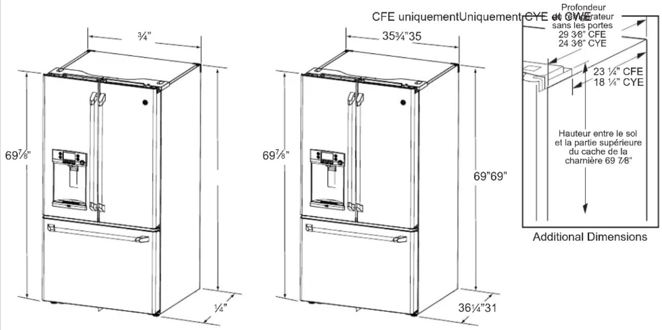 CFE uniquement Uniquement CYE 3/4" 697/8" 1/4" 697/8" 353/4"35" 69"69" 361/4"31" Additional Dimensions Profondeur et Générateur sans les portes 29 3/8" CFE 24 3/8" CYE 23 1/4" CFE 18 1/4" CYE Hauteur entre le sol et la partie supérieure du cache de la charnière 69 7/8"