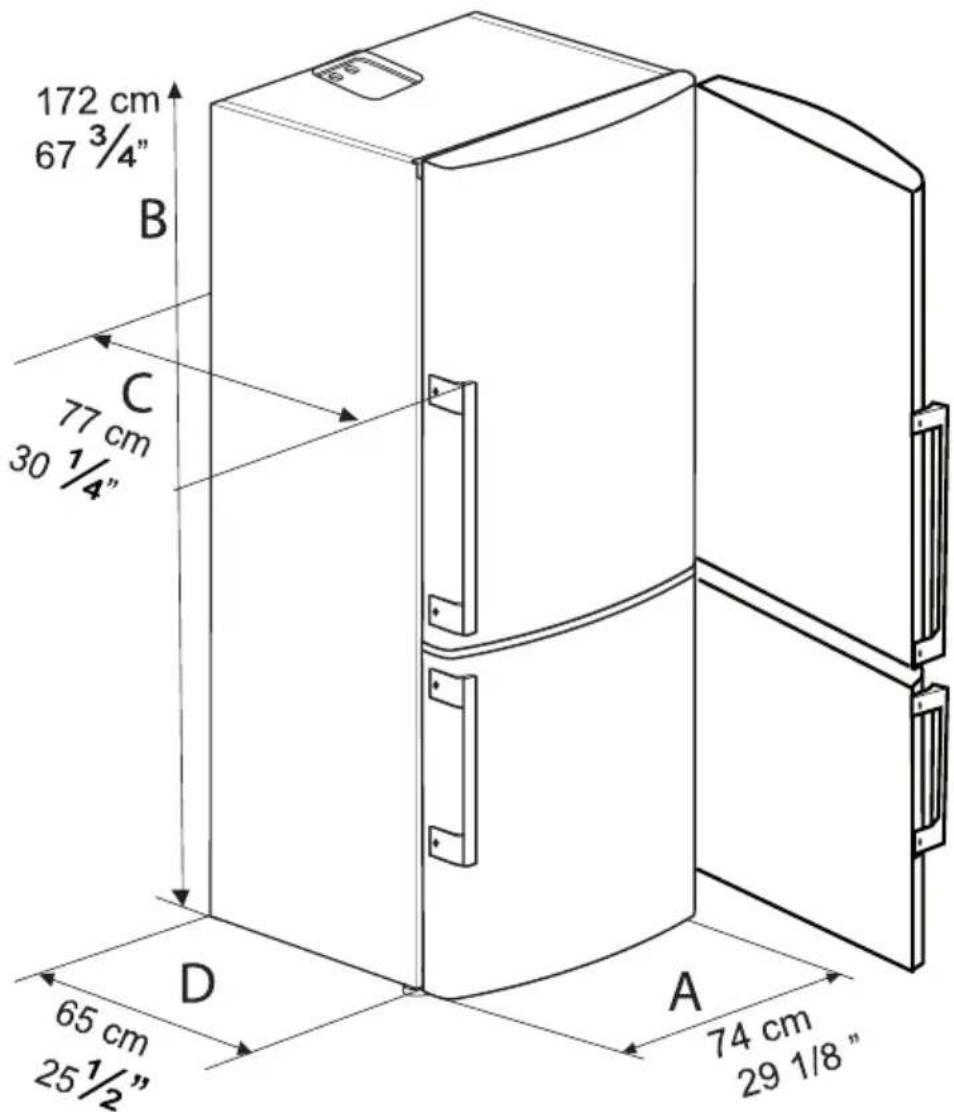 172 cm 67 3/4" B C 77 cm 30 1/4" D 65 cm 25 1/2" A 74 cm 29 1/8"