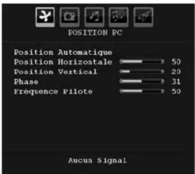 POSITION PC Position Automatique Position Horizontale 50 Position Vertical 20 Phase 31 Frequency Pilot 50 Aucun Signal