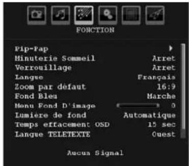 FONCTION Pip-Pap Minuterie Sommeil Arret Verrouillage Arret Langue Français Zoom par défaut 16:9 Fond Bleu Marche Menu Fond D'image 0 Lumière de fond Automatique Temps eftacement OSD 15 sec Langue TELETEXTE Ouest Aucua Signal
