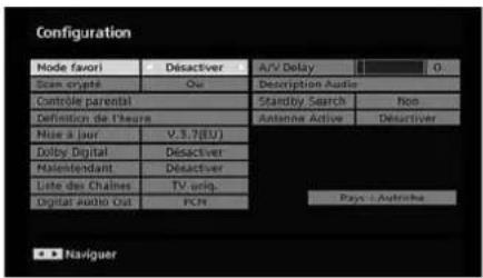 Configuration Mode favori Désactiver A/V Delay 0 Scan copyé'Ou Description Audio Contrôle parental Standby Search Noo Définition de l'heure Antenna Active Désactiver Nue à jour V.3.7(EU) Dolby Digital Désactiver Nalentendant Désactiver Liste des Chaîmes TV enig. Digital audio Out FCN Pays - Autresche Naviguer