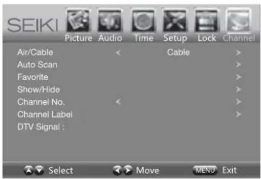 Seiki SE24FL - Paramètres de canalicture Audio Time Setup Lock Channel
Menu Language < English > - 1