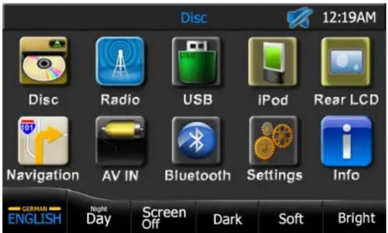 AUDIOVOX VMO 5020 V - Selection des sources audio/vidéo, navigation ou paramètres du système : - 1