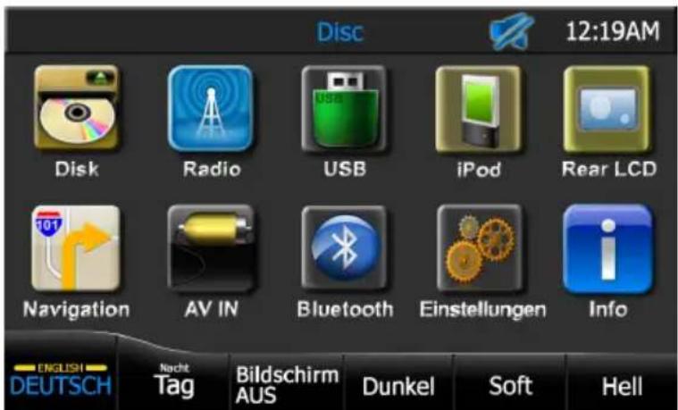 AUDIOVOX VMO 5020 V - Aufrufen der Audio/Video-Quellen, Navigation oder Systemeinstellungen: - 1
