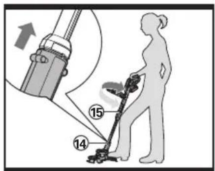 Diagram illustrating a person using a vacuum cleaner with numbered parts and an inset showing the device's insertion mechanism.