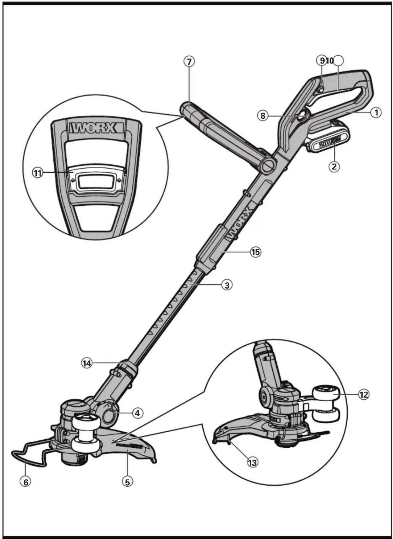 Technical diagram of a WORX tool with numbered parts and close-up insets for identification.