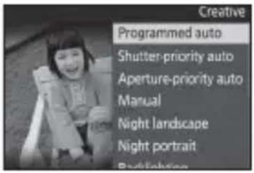 Creative Programmed auto Shutter-priority auto Aperture-priority auto Manual Night landscape Night portrait Backlighting