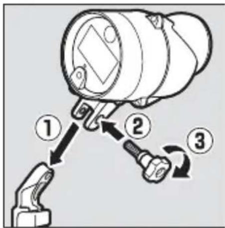 Diagram showing three-step installation of a mechanical device with labeled components and directional arrows