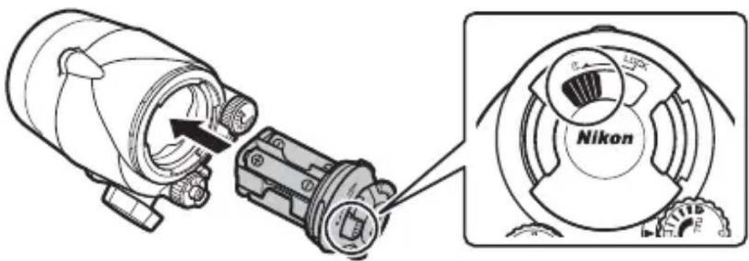Technical diagram showing assembly of a Nikon motor with labeled components and directional arrows indicating motion or operation.