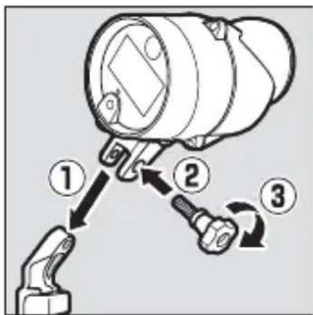 Diagram showing three-step assembly of a mechanical device with labeled parts 1, 2, and 3.