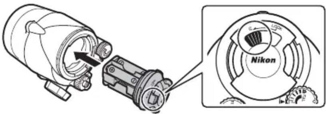 NIKON SBN10 - バッテリーホルダーロックスイッチが Ⓑの位置にある状態で、図のようにバッテリーホルダーをスピードライト本体に押し込む - 1