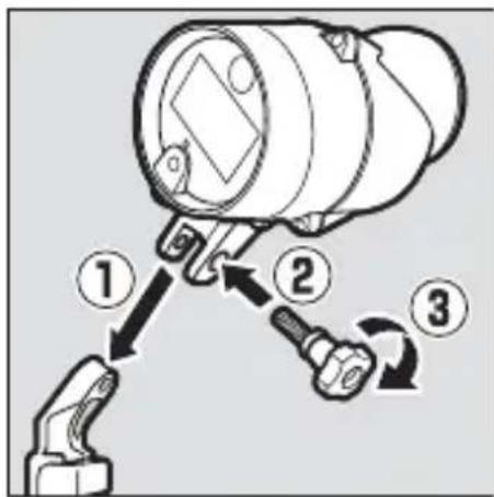 Diagram showing three-step installation of a mechanical component with labeled parts 1, 2, and 3.
