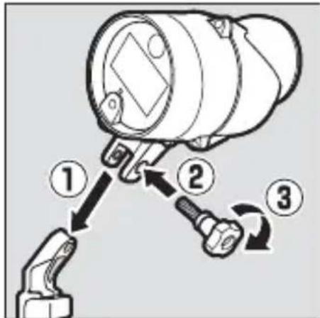 Diagram showing three-step installation of a mechanical component with labeled parts 1, 2, and 3.