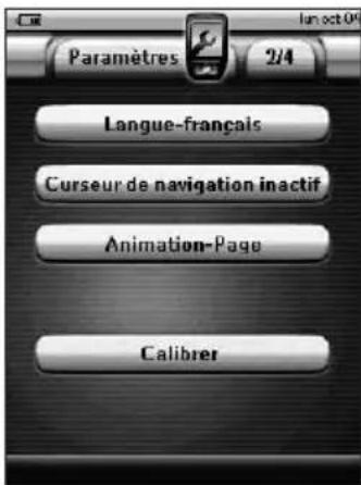 Paramètres 2/4 Langue-français Curseur de navigation inactif Animation-Page Calibrer