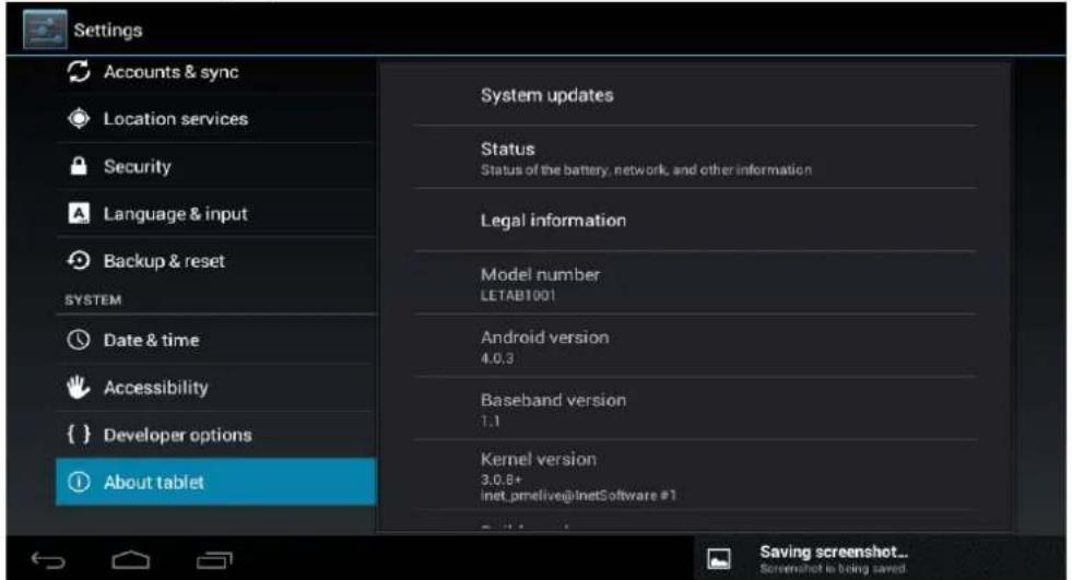 Leotec LPad Quasar LETAB704 - About the unit: Displays information about the Tablet and the OS - 1