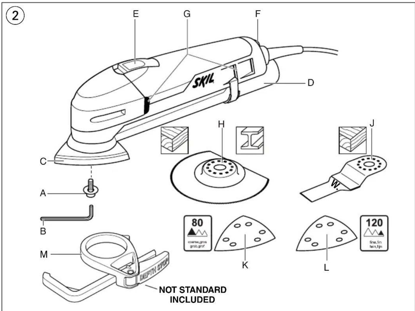 2 E G F SKIL D C H J A B M DEPTH STOP NOT STANDARD INCLUDED 80 cosine,groa groa,grof K L 120 fine,fin fein,fijn