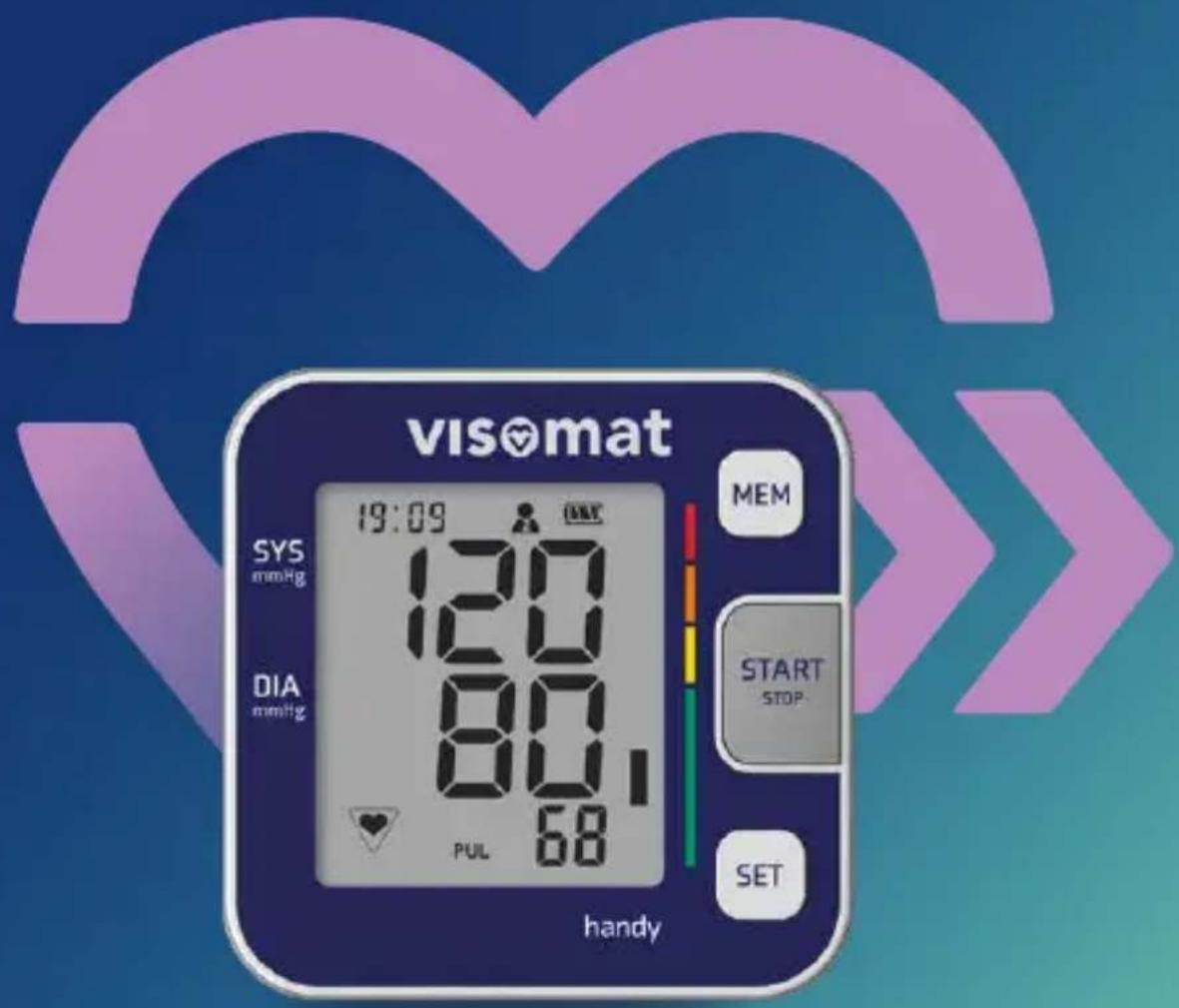 visomat 19:09 SYS mmHg 120 DIA mmHg 80 PUL 68 handy MEM START STOP SET