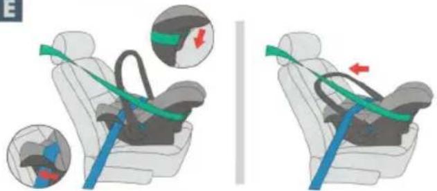 Illustration showing car seatbelt buckle adjustment with magnified views and directional arrows indicating movement.