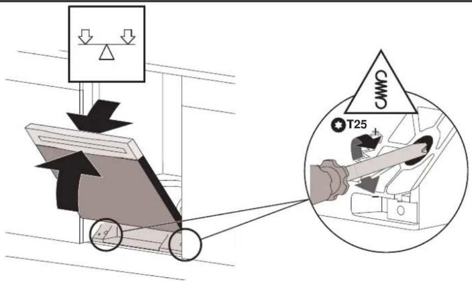 Diagram illustrating a mechanical or electrical system with labeled components and directional arrows, including a warning triangle labeled 'CWC' and a worker holding a tool labeled 'T25'.