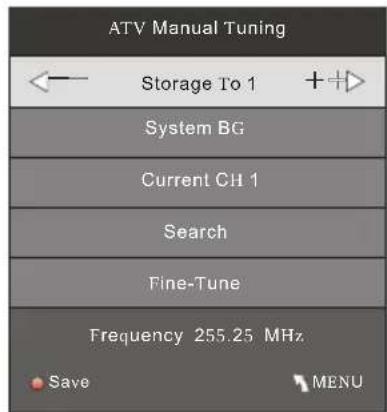 MPMAN TV237 - 3). ATV Manual tuning (Recherche manuelle de programmes analogiques (ATV)): - 1