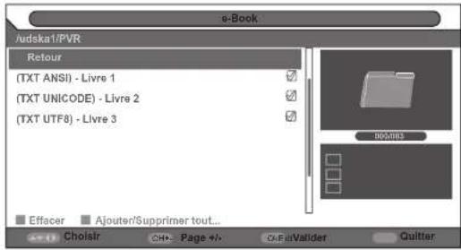 e-Book Audskai/PVR Retour (TXT ANSI) - Livre 1 (TXT UNICODE) - Livre 2 (TXT UTF8) - Livre 3 Effacer Ajouter/Supprimer tout... Cholair Page +/- OK/Valider Quitter