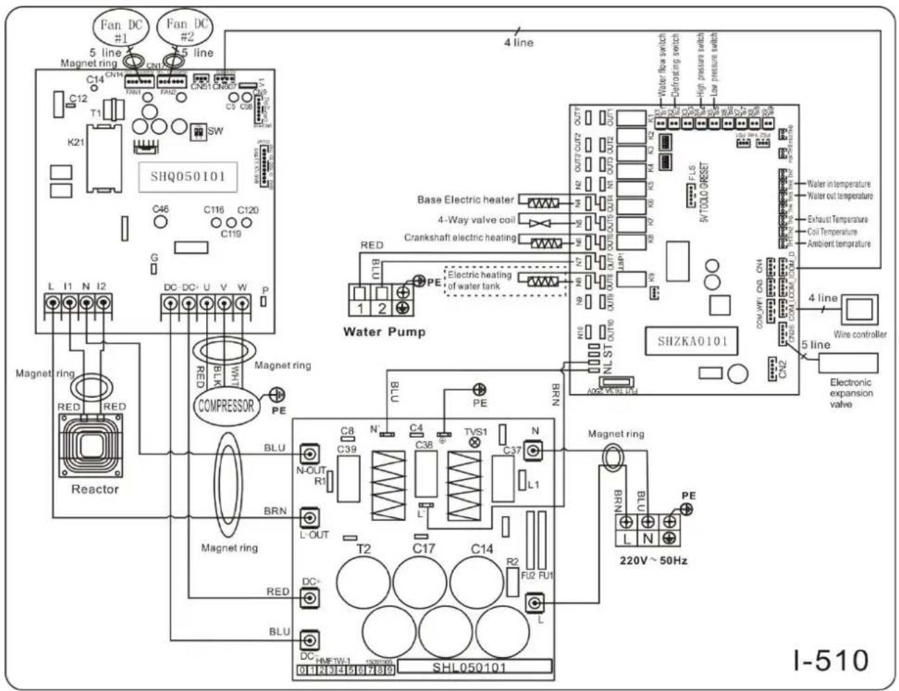Fan DC #1 Fan DC 5 line 5 line Magnet ring CN1 C14 CN14 T1 TAN1 FAN2 CNB1 CNBD K21 SW SW C46 C116 C120 C119 G L I1 N I2 DC-DC+ U V W P Magnet ring RED RED Reactor COMPRESSOR PE RED BLW BLU BRN Magnet ring RED BLU DC HMF1W-1 1300V~50Hz SHL050101 4 line Water flow switch Defrosting switch High pressure switch Low pressure switch Base Electric heater 4-Way valve coil Crankshaft electric heating RED OUTOUTOUTOUTOUTOUTOUTOUTOUTOUTOUTOUTOUTOUTOUTOUTOUTOUTOUTOUTOUTOUTOUTOUTOUTOUTOUTOUTOUTOUTOUTOUTOUTOUTOUTOUTOUTOUTOUTOUTOUTOUTOUTOUTOUTOUTOUTOUTOUTOUTOUTOUTOUTOUTOUTOUTOUTOUTOUTOUTOUTOUTOUTOUTOUTOUTOUTOUTOUTOUTOUTOUTOUTOUTOUTOUTOUTOUTOUTOUTOUTOUTOUTOUTOUTOUTOUTOUTOUTOUTOUTOUTOUTOUTOUTOUTOUTOUTOUTOUTOUTOU SHZKA0101 SHZKA0101 F.L.S. S/TOLO GRESET Water in temperature Water out temperature Exhaust Temperature Coil Temperature Ambient temperature COH.WFI CNB CN4 DOS COA COA D CN2 4 line Wire controller Electronic expansion valve Magnet ring PE 220V~50Hz I-510