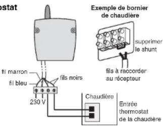 Exemple de bornier de chaudière supprimer le shunt fils à raccorder au récepteur fil marron fil bleu 230 V fils noirs Chaudière Entrée thermostat de la chaudière