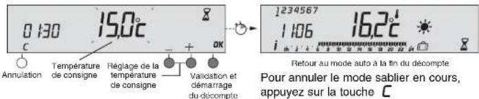 0 130 15.0°C C Annulation Température de consigne Réglage de la température de consigne Validation et démarriage du décompte OK 1234567 1 106 16.2°C i i i i Retour au mode auto à la tin du décompte Pour annuler le mode sablier en cours, appuyez sur la touche C