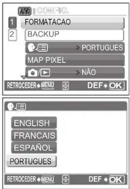 AUTO CONFIG. 1 FORMATACAO 2 BACKUP > PORTUGUES MAP PIXEL > NÃO RETROCEDER MENU DEF OK ENGLISH FRANCAIS ESPAÑOL PORTUGUES RETROCEDER MENU DEF OK